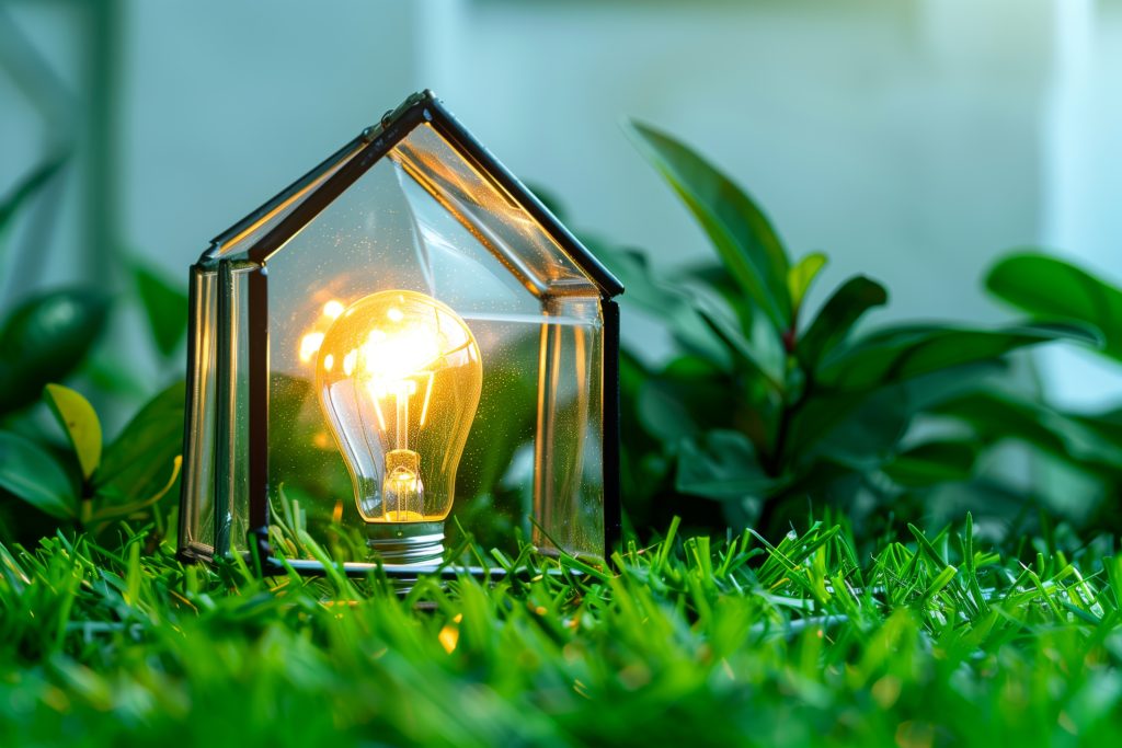 light bulb glowing inside mini glass house grass